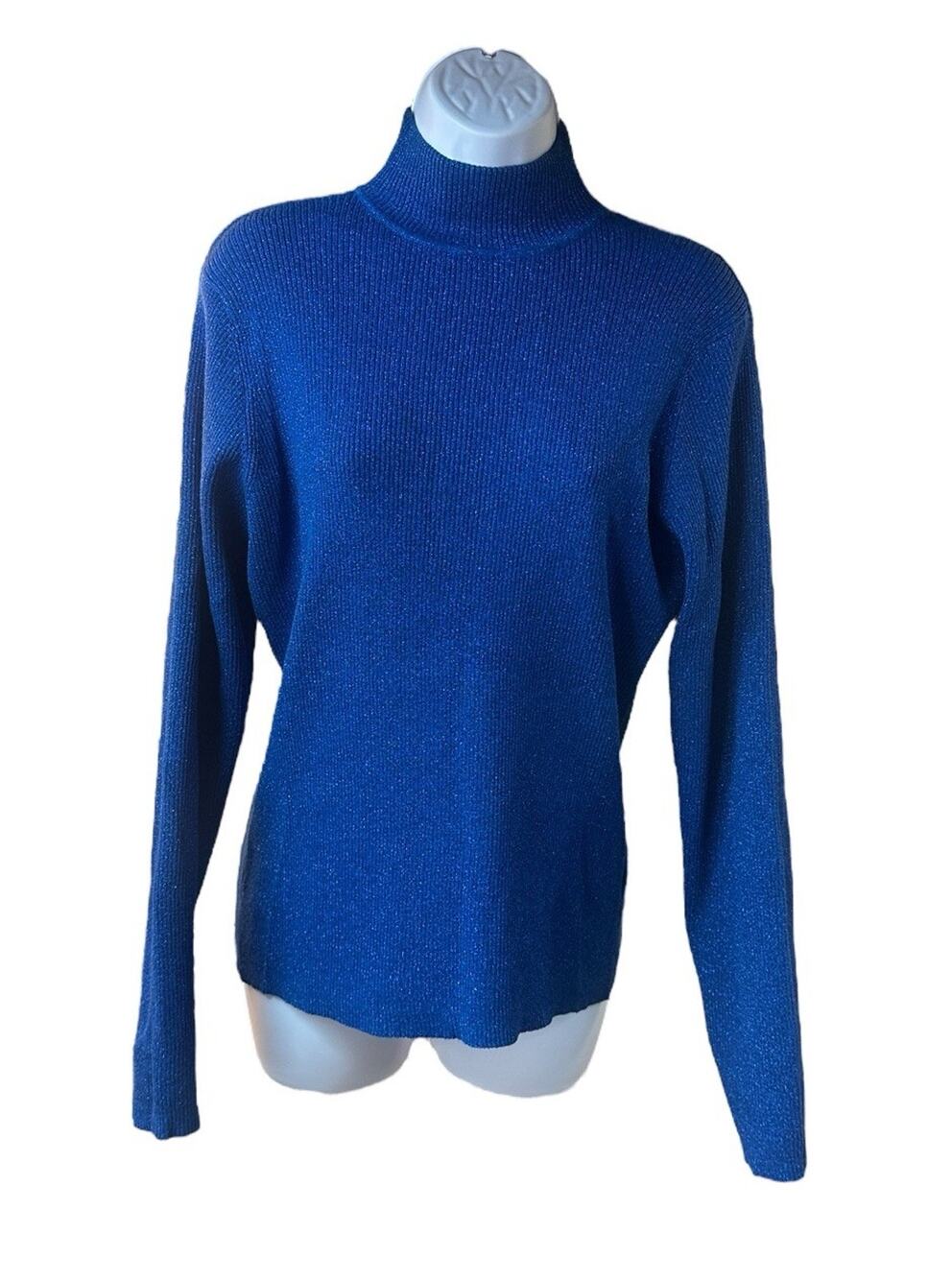 Marisa Christina Blue Metallic Shimmer Knit Mock Turtleneck Sweater Size XL